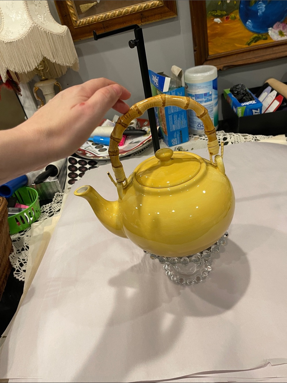 Pottery Barn Sausalito Yellow Ceramic Teapot Bamboo Handle  Tea Kettle